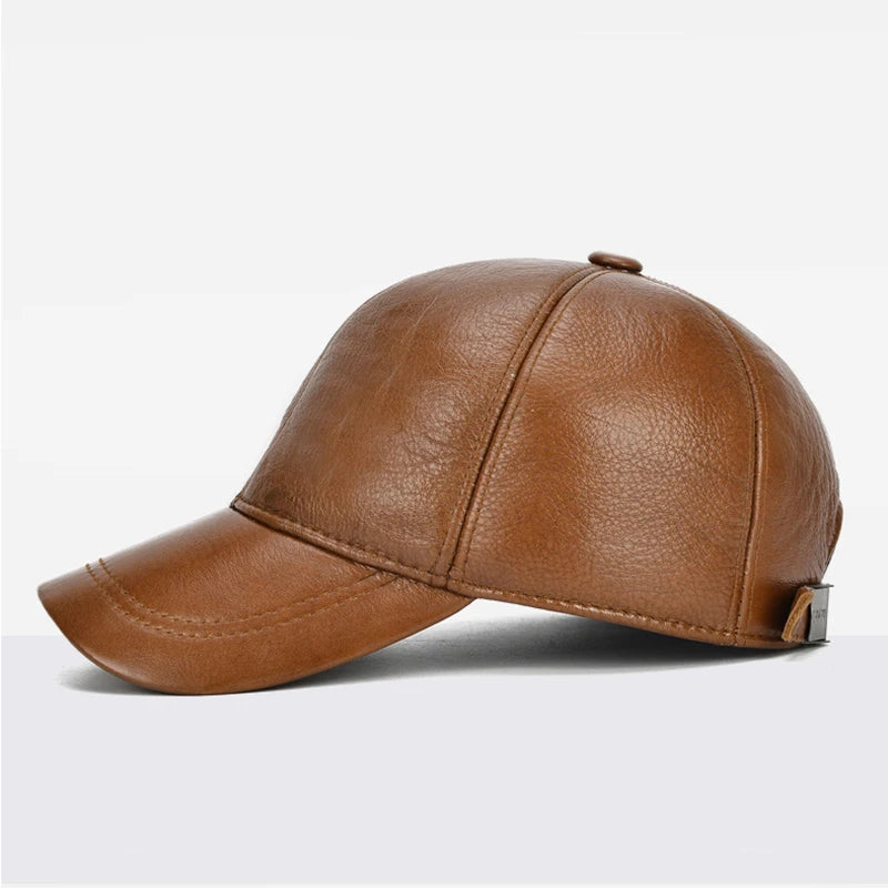 Adjustable Men's Genuine Cowhide Leather Baseball Cap - Fall Winter Sports Hat