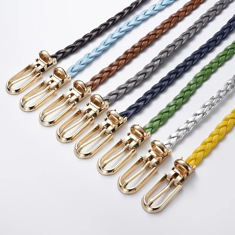 0.8cm Thin Braided PU Leather Belt - Women's Pin Buckle Waistband 110cm
