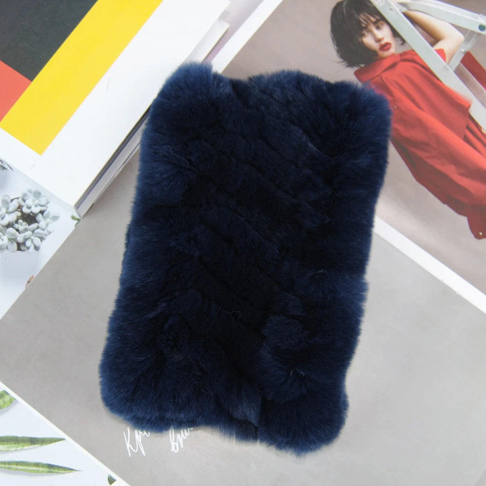 Real Rex Rabbit Fur Scarf - Women's Handmade Knit Cowl & Headband for Winter