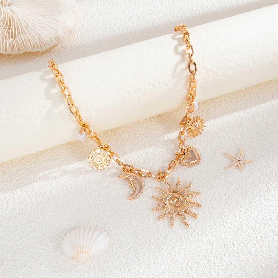 Ingemark Vintage Heart Sun Moon Necklace - Creative Alloy Chain Choker for Bridal Jewelry