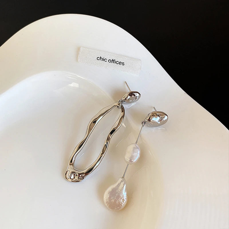 Asymmetric Freshwater Pearl Studs - Elegant Long Metallic Earrings