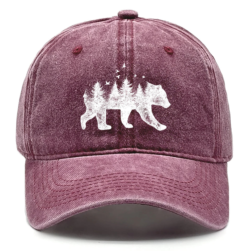 Washed Cotton Snapback Cap - Forest Bear Distressed Baseball Hat