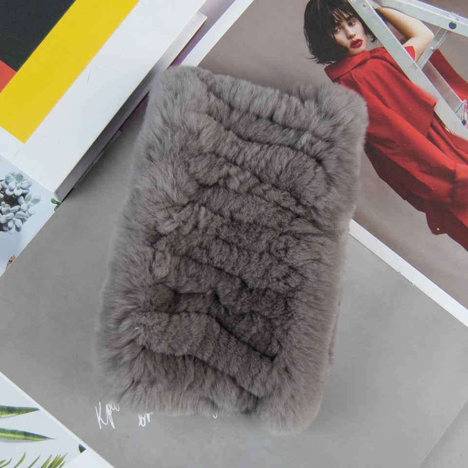 Real Rex Rabbit Fur Scarf - Women's Handmade Knit Cowl & Headband for Winter