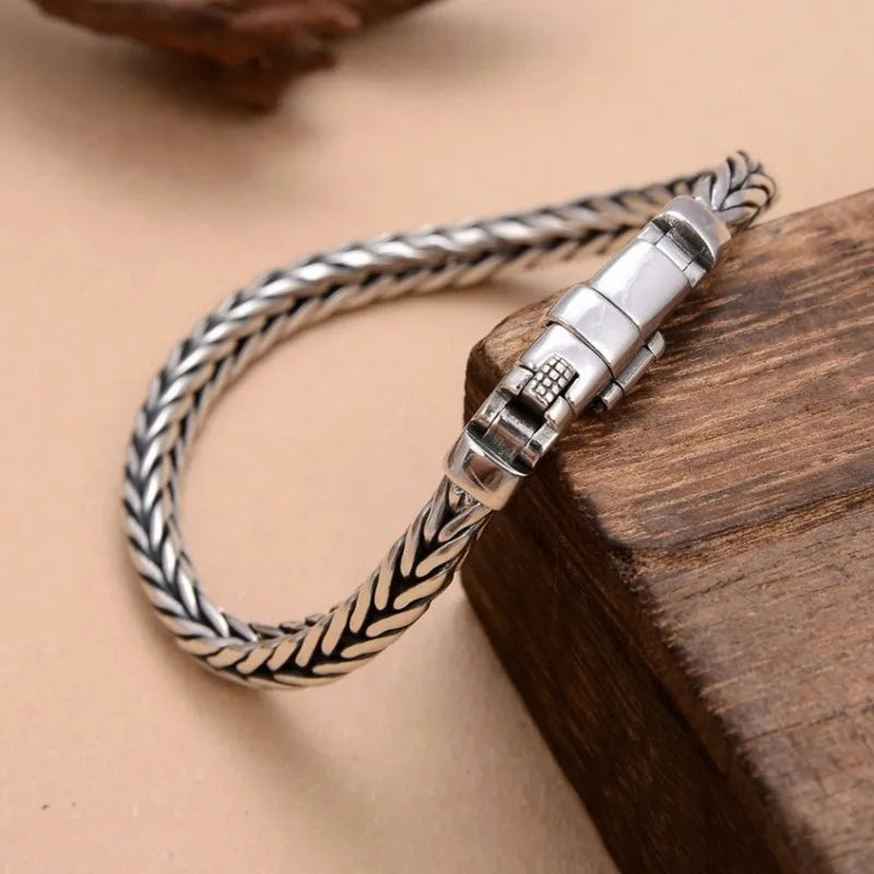Handmade S925 Sterling Silver Bracelet - Retro Woven Style