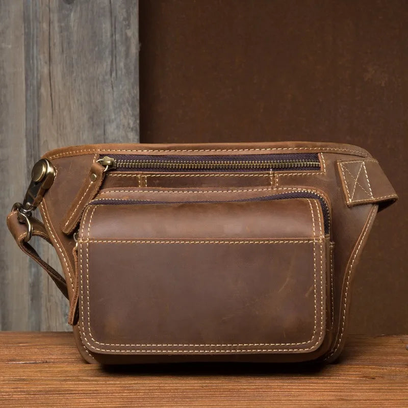 Men's Leather Crossbody Bag - Multi-Function Waist Bag for Sports & Casual Wear