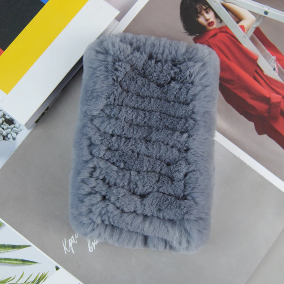 Real Rex Rabbit Fur Scarf - Women's Handmade Knit Cowl & Headband for Winter