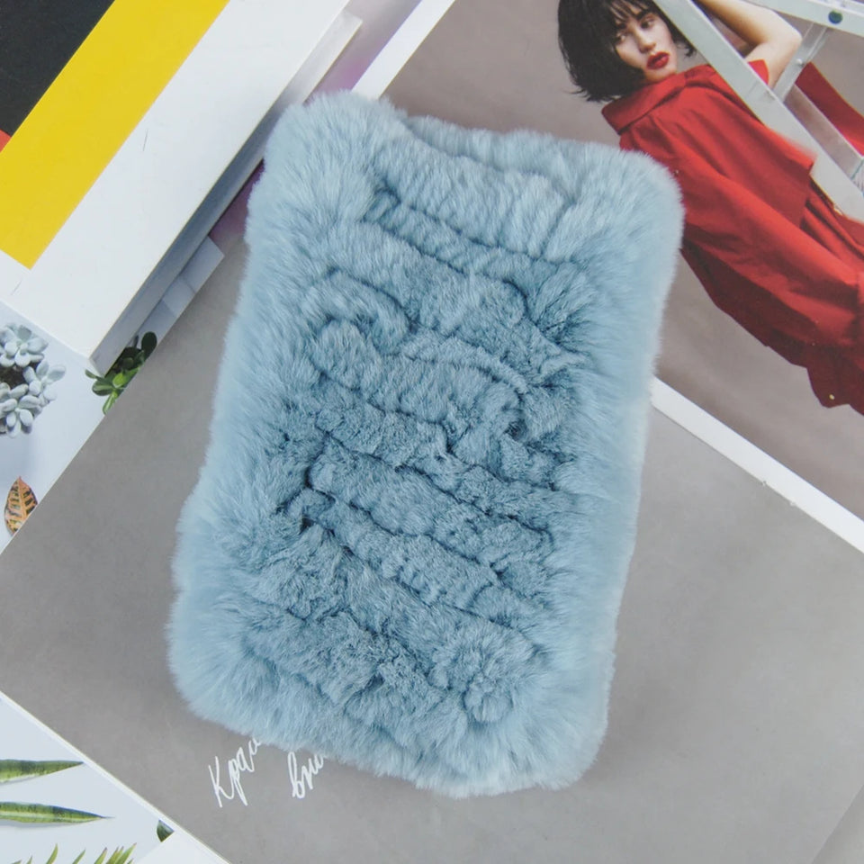 Real Rex Rabbit Fur Scarf - Women's Handmade Knit Cowl & Headband for Winter