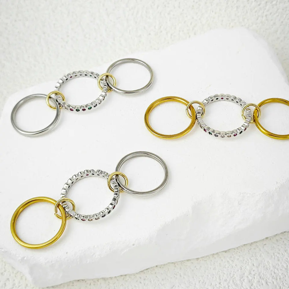 Multi-Layer Stacking Rings Set - Stainless Steel Dual Color Zircon Jewelry