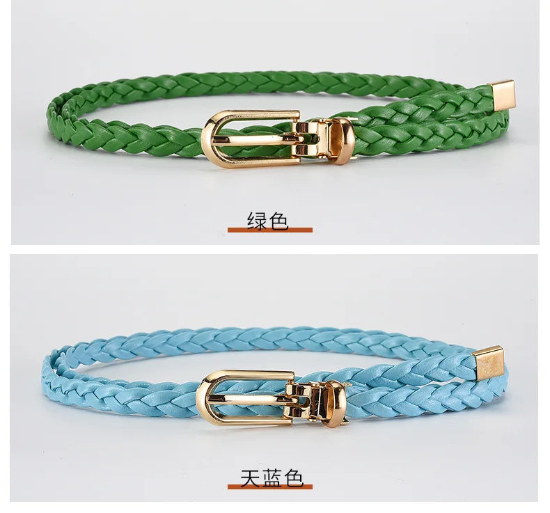0.8cm Thin Braided PU Leather Belt - Women's Pin Buckle Waistband 110cm