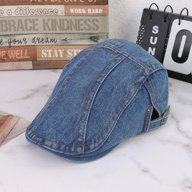 Retro Washed Denim Flat Cap - Adjustable Cotton Sunshade Hat