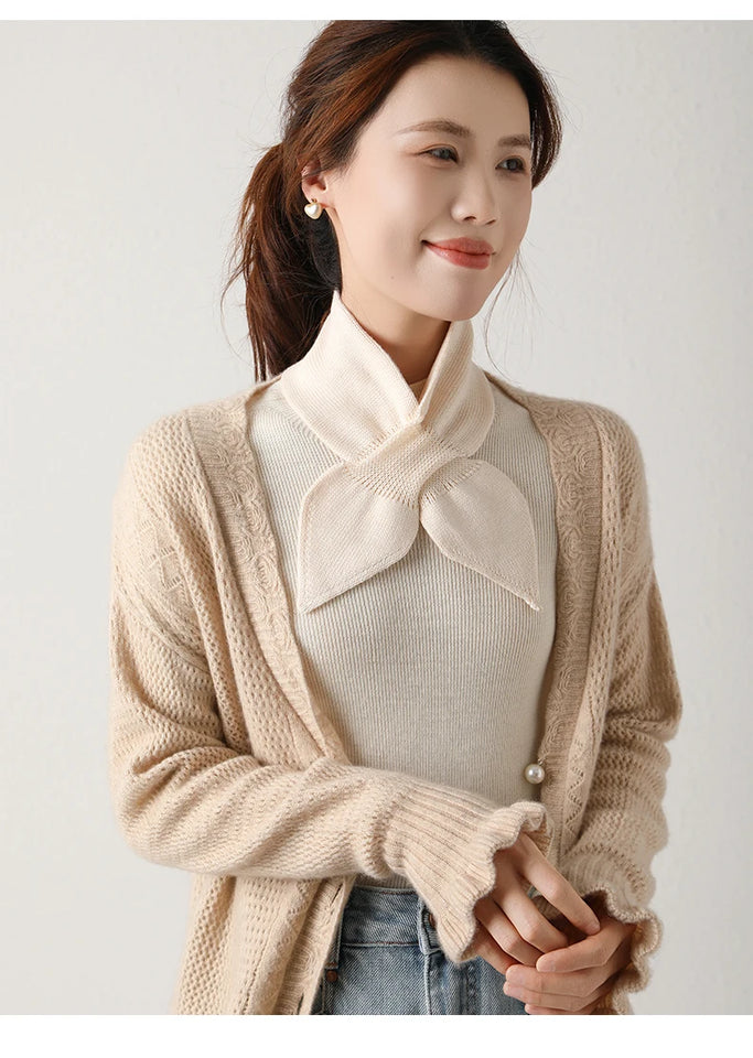 Wool Knit Neck Warmer for Women - Bow Tie Style Winter Scarf with Loop Design