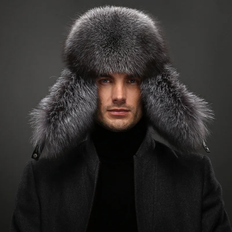 Men's Luxury Fox Fur Hat - 100% Sheepskin Ushanka with Ear Flaps
