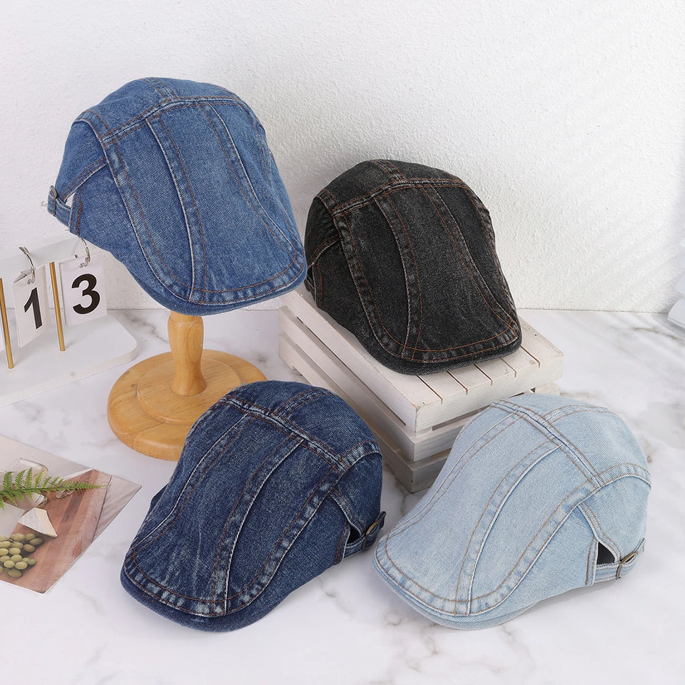 Retro Washed Denim Flat Cap - Adjustable Cotton Sunshade Hat