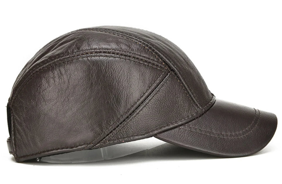 Genuine Leather Baseball Cap for Men - Cowhide Winter Hat with Earflaps
