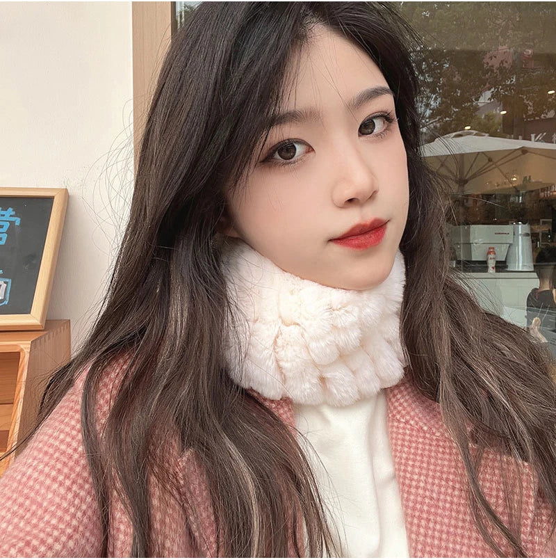 Real Rex Rabbit Fur Scarf - Women's Handmade Knit Cowl & Headband for Winter