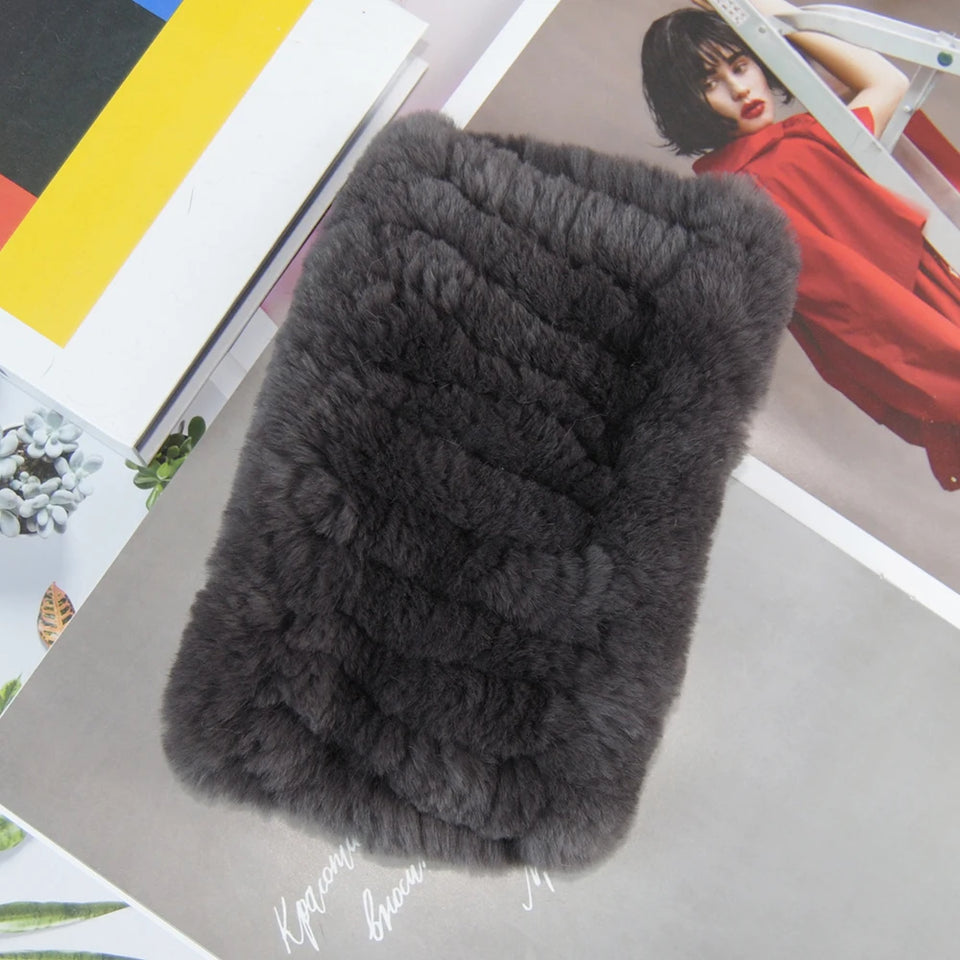 Real Rex Rabbit Fur Scarf - Women's Handmade Knit Cowl & Headband for Winter