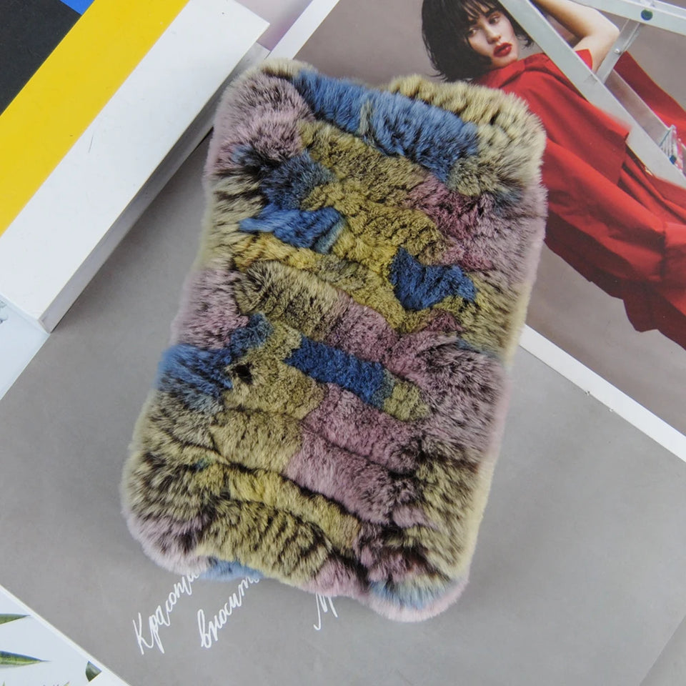 Real Rex Rabbit Fur Scarf - Women's Handmade Knit Cowl & Headband for Winter