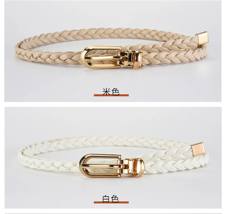 0.8cm Thin Braided PU Leather Belt - Women's Pin Buckle Waistband 110cm