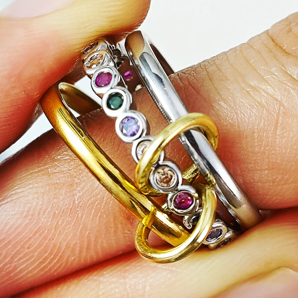 Multi-Layer Stacking Rings Set - Stainless Steel Dual Color Zircon Jewelry