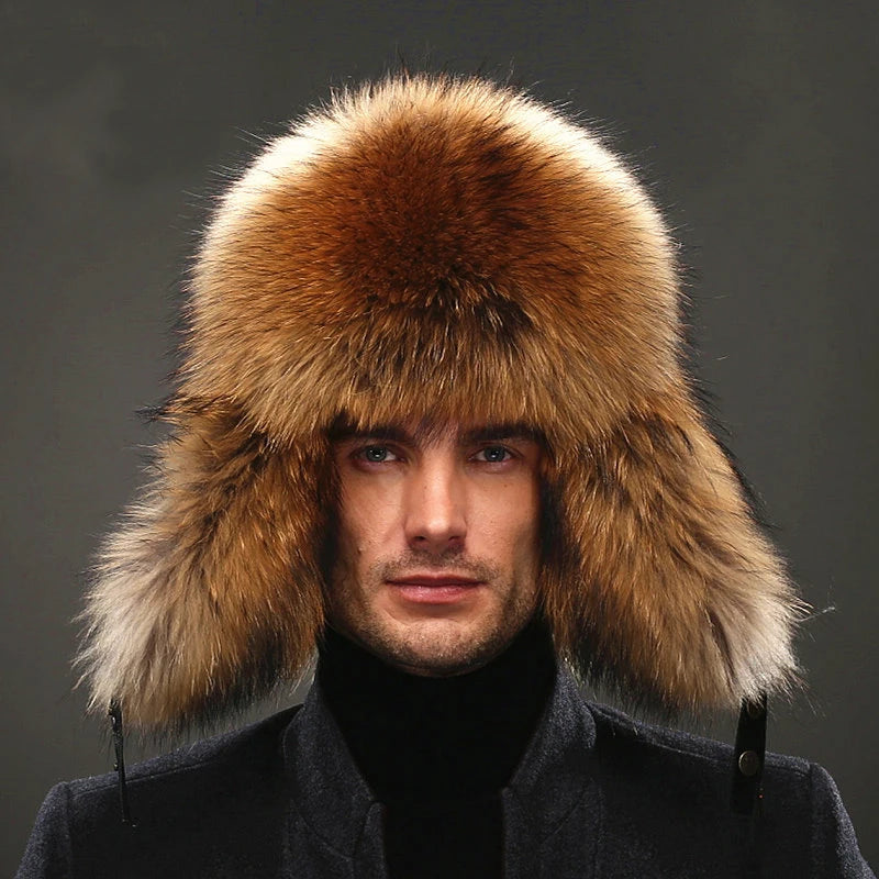 Men's Luxury Fox Fur Hat - 100% Sheepskin Ushanka with Ear Flaps