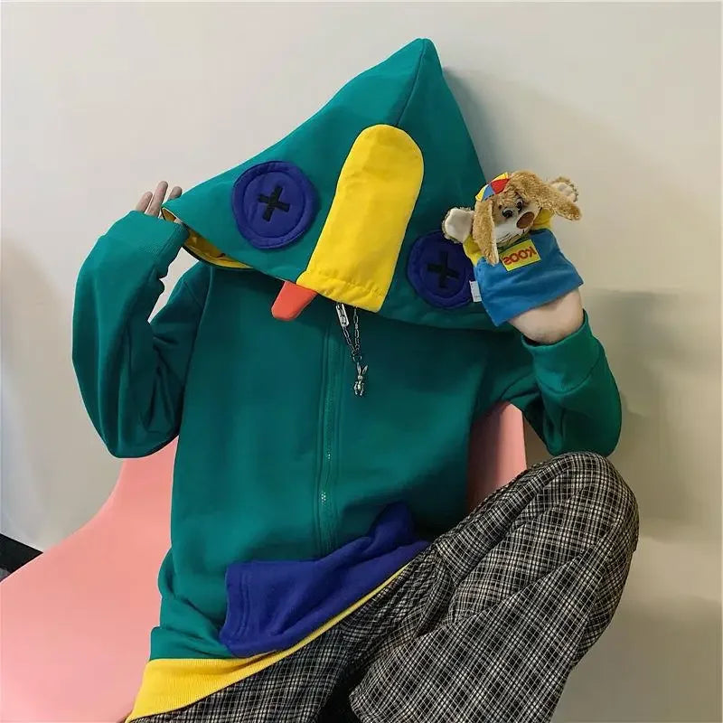 Loose Fit Frog Hoodie - Men's Plus Size Korean Style Fleece Lined Pullover