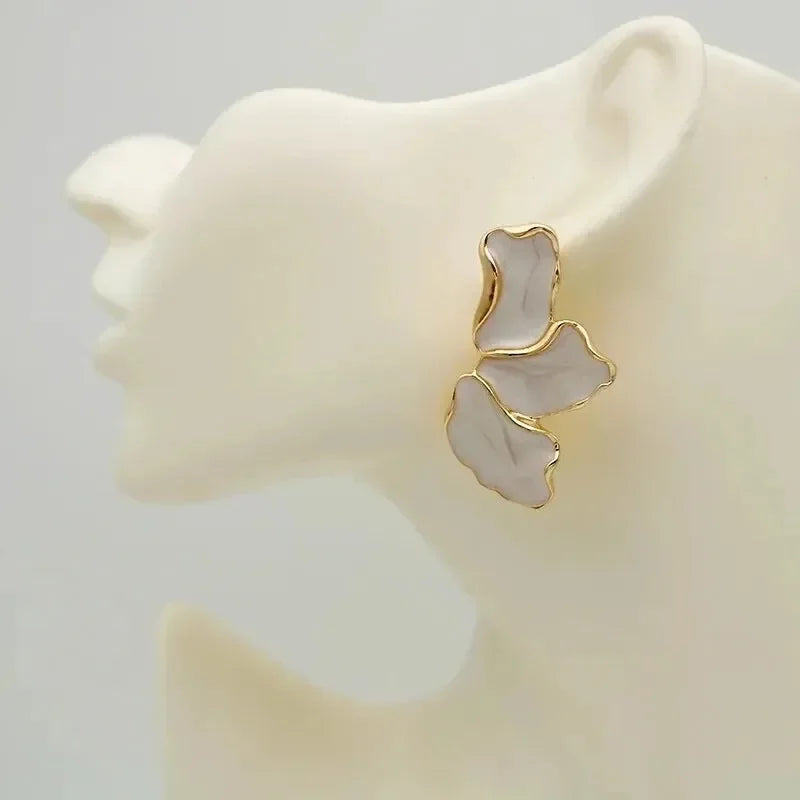Statement Metal Flower Earrings - Women's Cream & Gold-Plated Fashion Studs