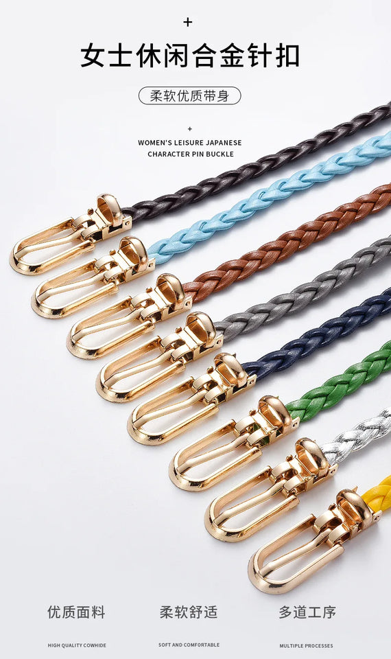 0.8cm Thin Braided PU Leather Belt - Women's Pin Buckle Waistband 110cm