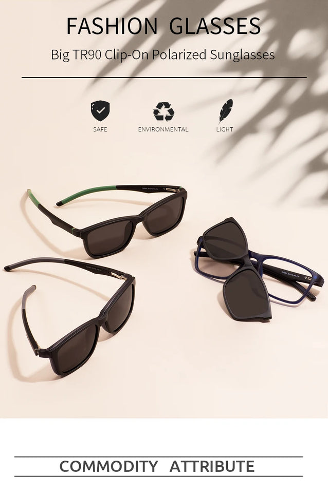 Rectangular Frame Sunglasses - Large Size with Clip-On Design & Spring Hinges