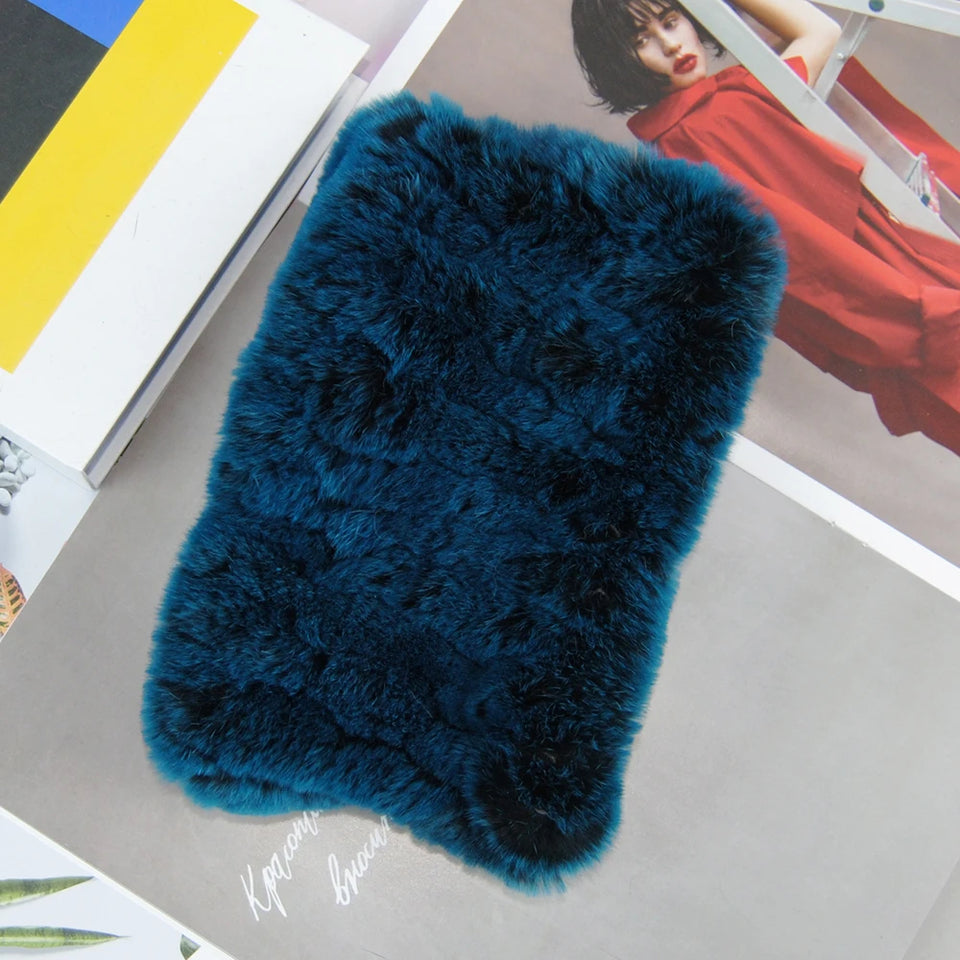 Real Rex Rabbit Fur Scarf - Women's Handmade Knit Cowl & Headband for Winter