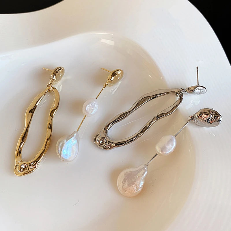 Asymmetric Freshwater Pearl Studs - Elegant Long Metallic Earrings