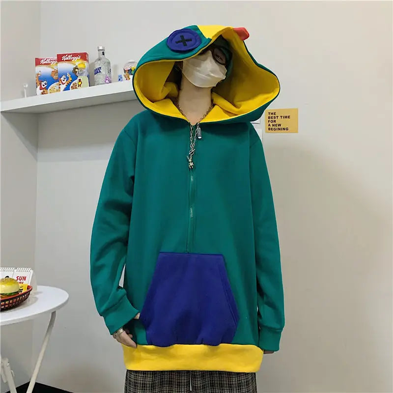 Loose Fit Frog Hoodie - Men's Plus Size Korean Style Fleece Lined Pullover