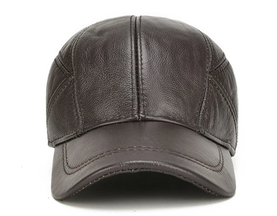 Genuine Leather Baseball Cap for Men - Cowhide Winter Hat with Earflaps