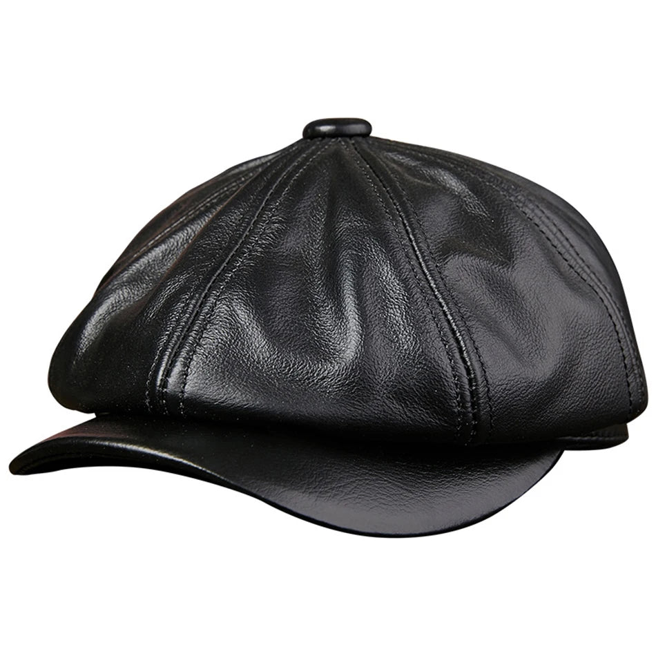 LA SPEZIA Men's Genuine Leather Newsboy Hat - Black Octagonal Cap with Vintage Style