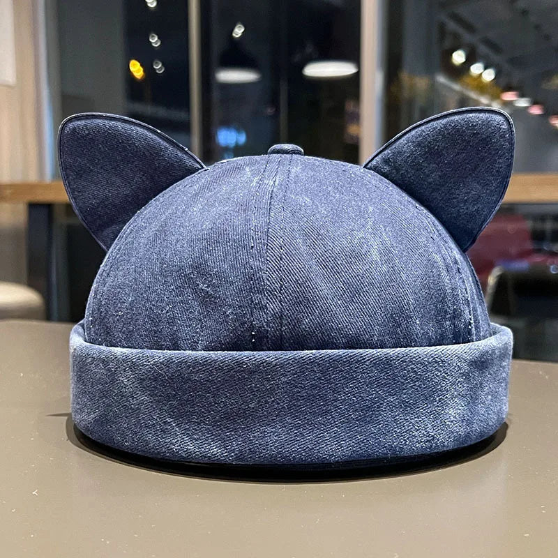 Adjustable Cat Ears Hat - Unisex Brimless Beanie Cap in Denim Style
