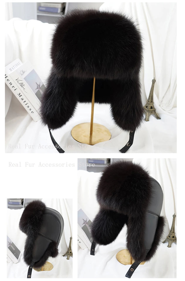 Men's Luxury Fox Fur Hat - 100% Sheepskin Ushanka with Ear Flaps