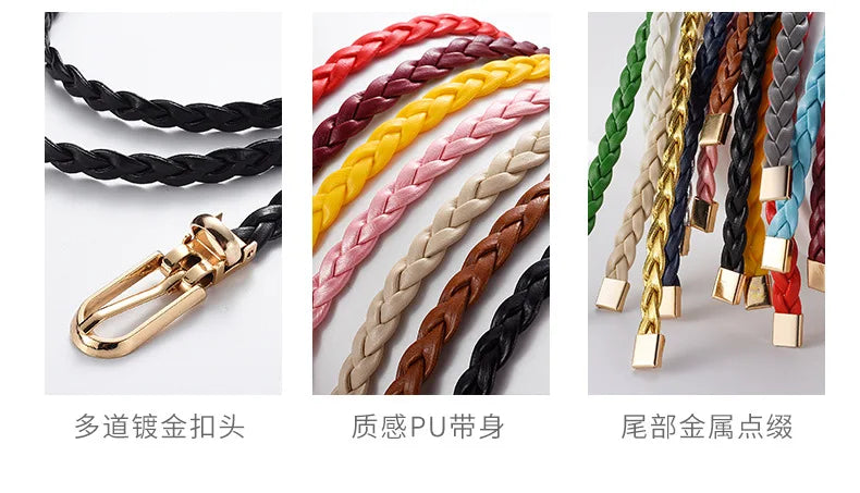 0.8cm Thin Braided PU Leather Belt - Women's Pin Buckle Waistband 110cm