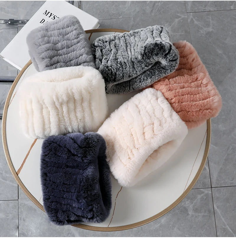 Real Rex Rabbit Fur Scarf - Women's Handmade Knit Cowl & Headband for Winter