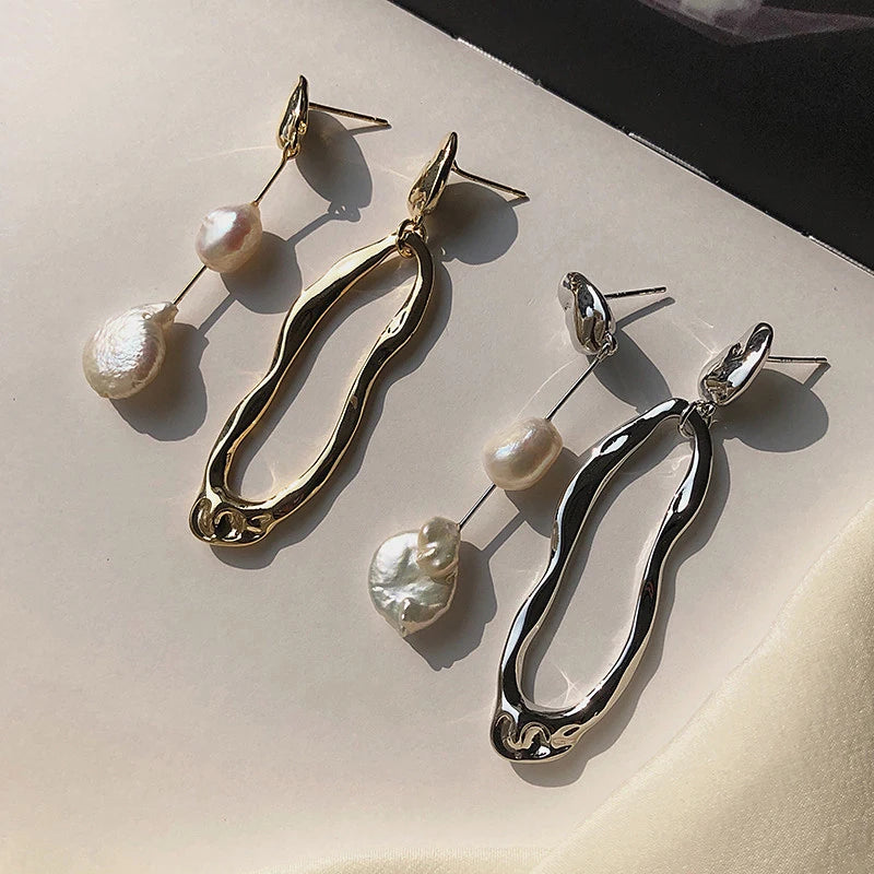 Asymmetric Freshwater Pearl Studs - Elegant Long Metallic Earrings