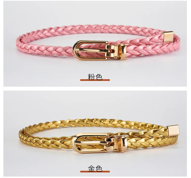 0.8cm Thin Braided PU Leather Belt - Women's Pin Buckle Waistband 110cm