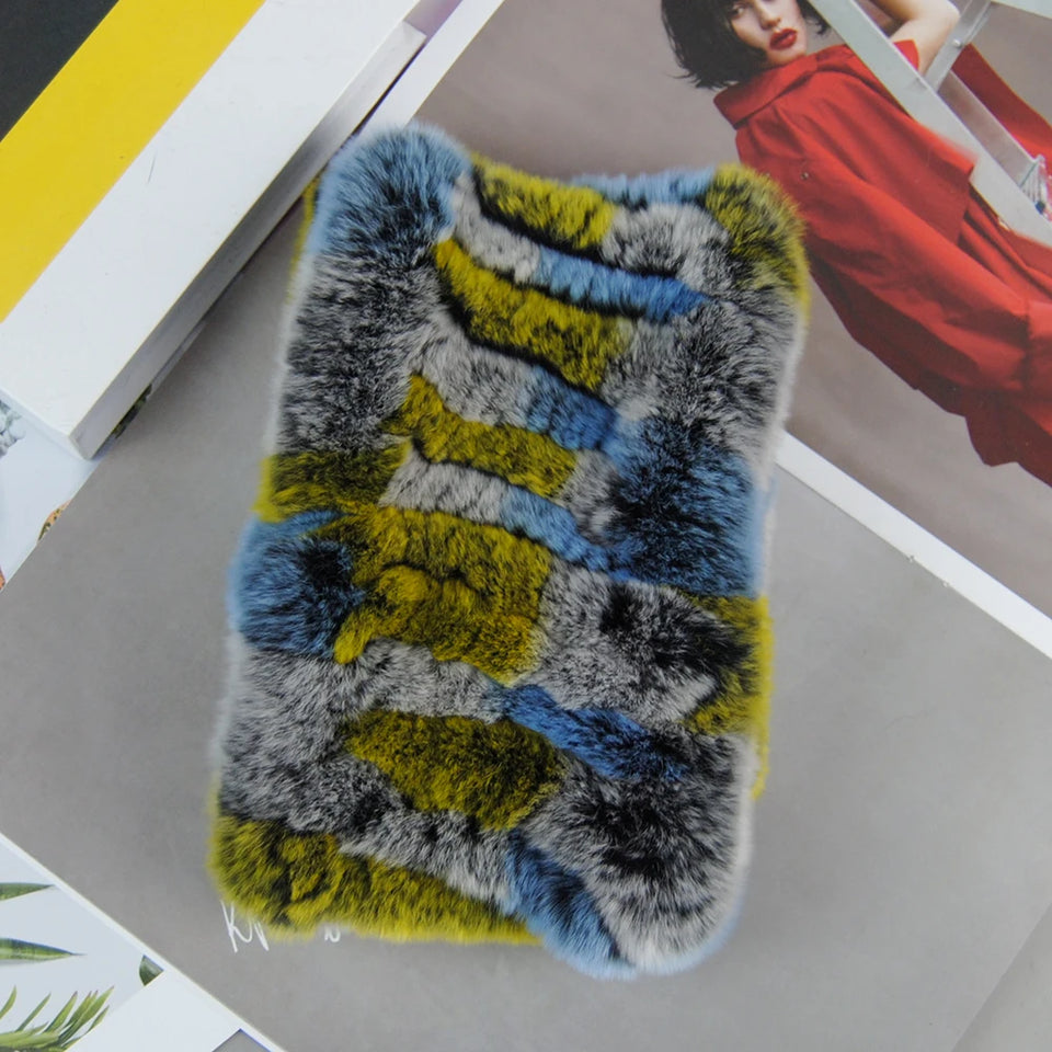 Real Rex Rabbit Fur Scarf - Women's Handmade Knit Cowl & Headband for Winter