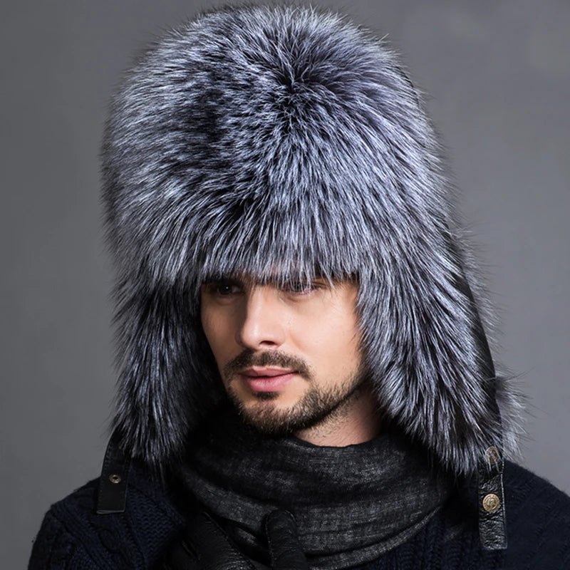 Men's Luxury Fox Fur Hat - 100% Sheepskin Ushanka with Ear Flaps