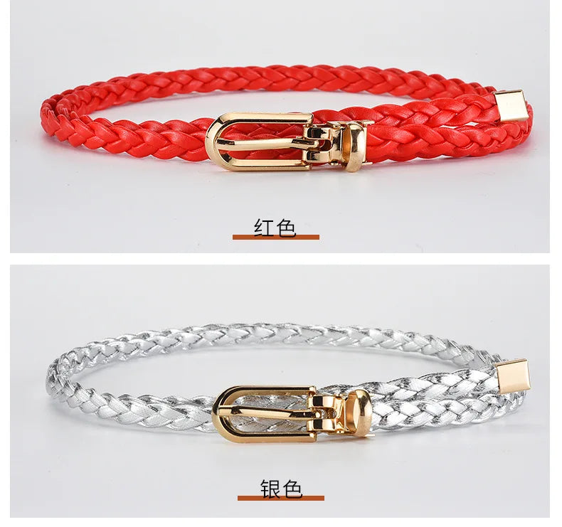 0.8cm Thin Braided PU Leather Belt - Women's Pin Buckle Waistband 110cm