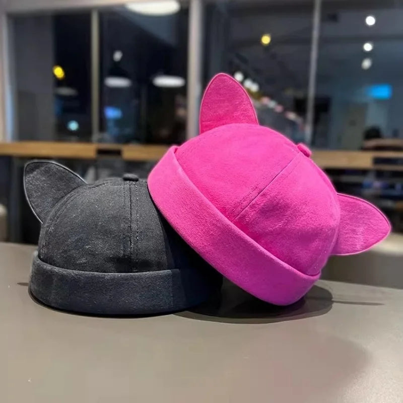 Adjustable Cat Ears Hat - Unisex Brimless Beanie Cap in Denim Style