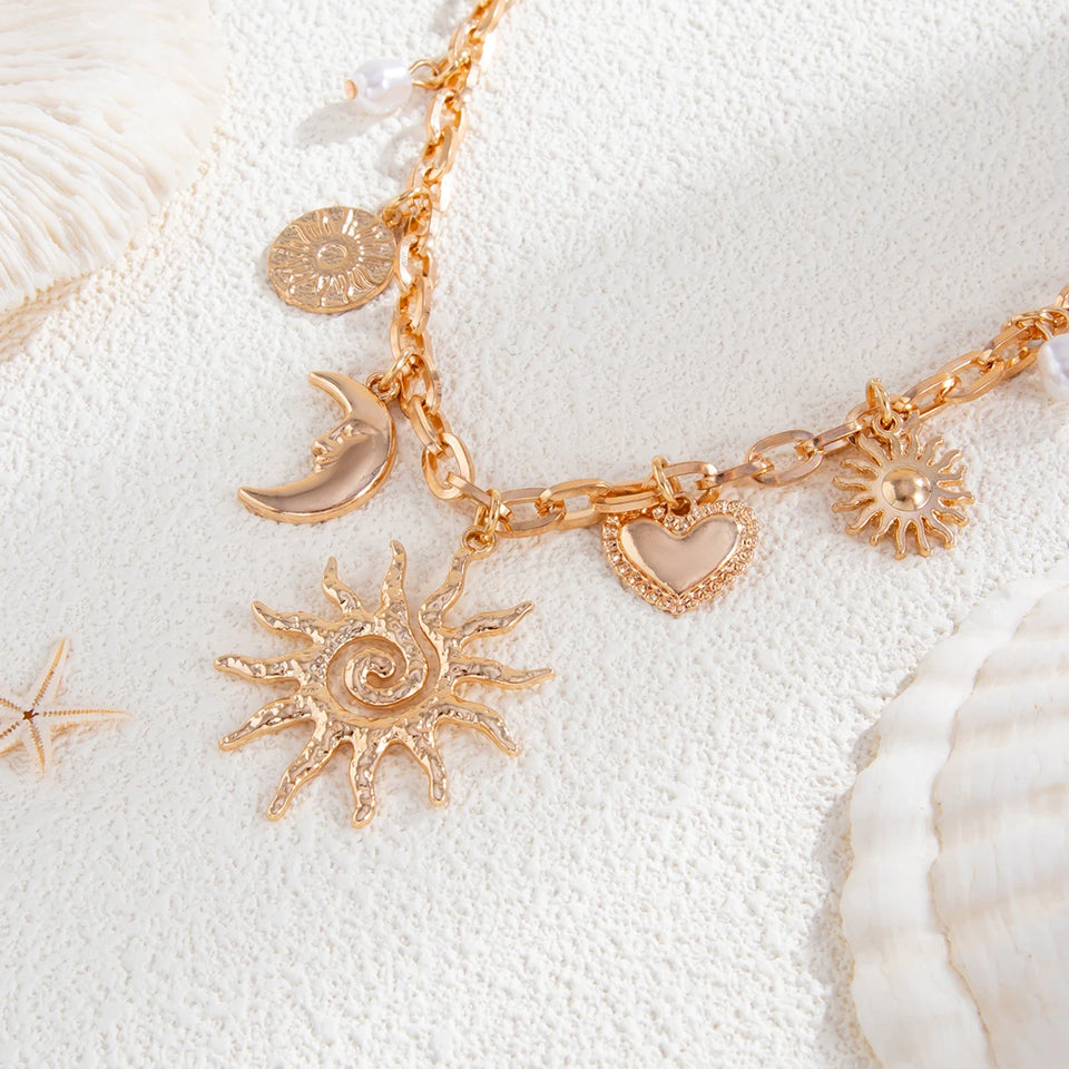 Ingemark Vintage Heart Sun Moon Necklace - Creative Alloy Chain Choker for Bridal Jewelry