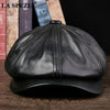 LA SPEZIA Men's Genuine Leather Newsboy Hat - Black Octagonal Cap with Vintage Style