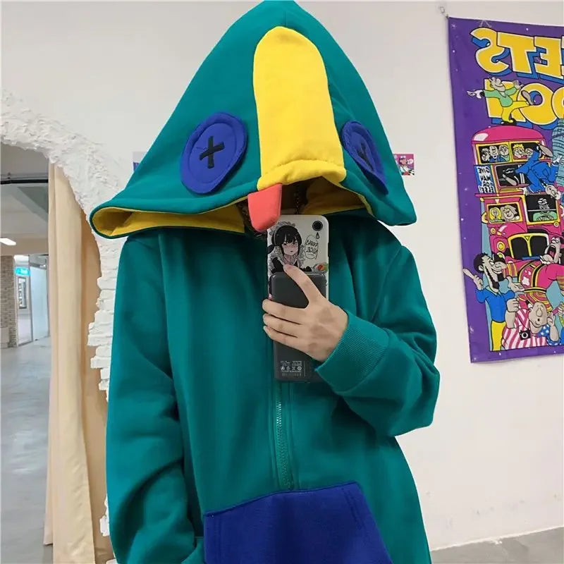 Loose Fit Frog Hoodie - Men's Plus Size Korean Style Fleece Lined Pullover