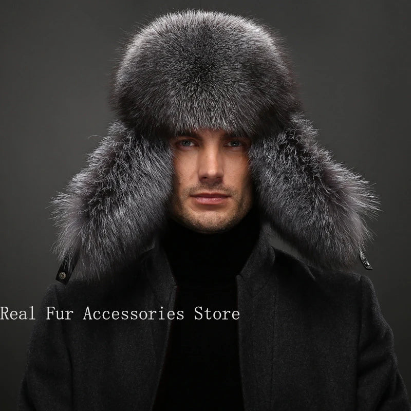Men's Luxury Fox Fur Hat - 100% Sheepskin Ushanka with Ear Flaps
