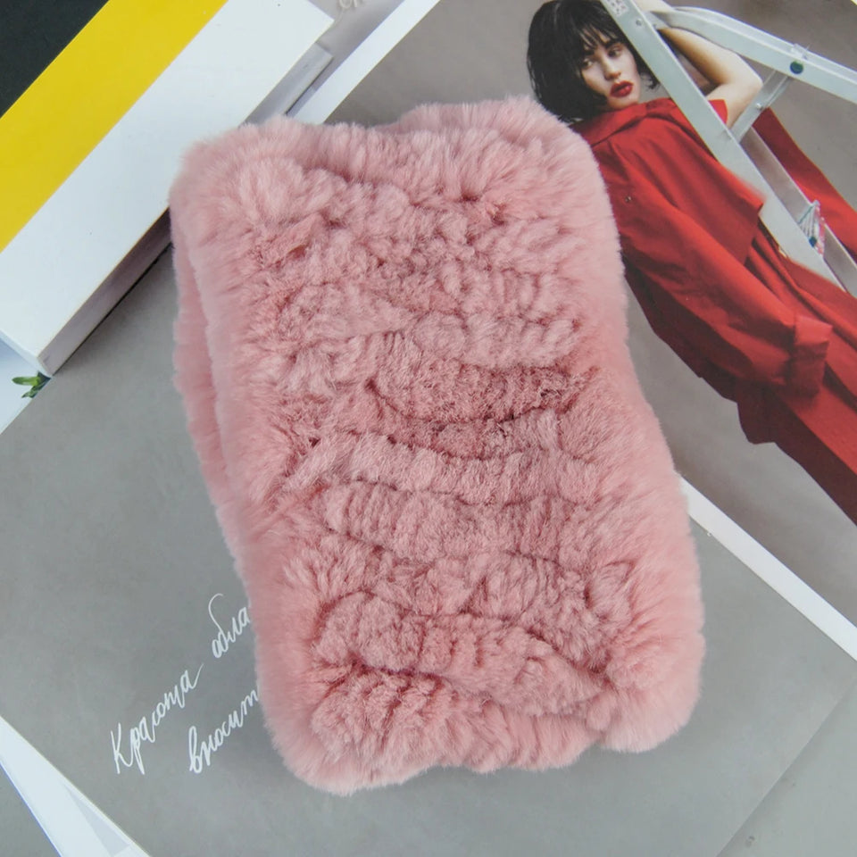 Real Rex Rabbit Fur Scarf - Women's Handmade Knit Cowl & Headband for Winter