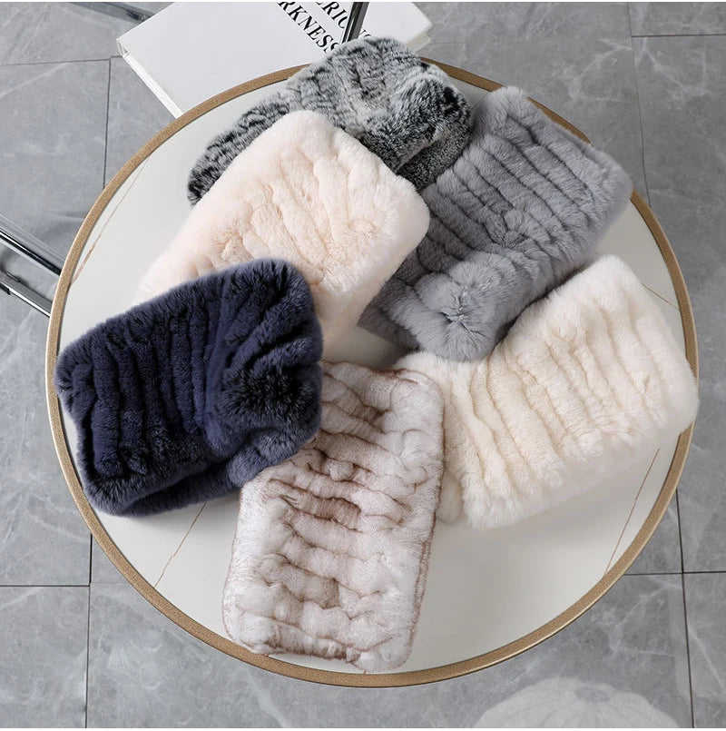 Real Rex Rabbit Fur Scarf - Women's Handmade Knit Cowl & Headband for Winter