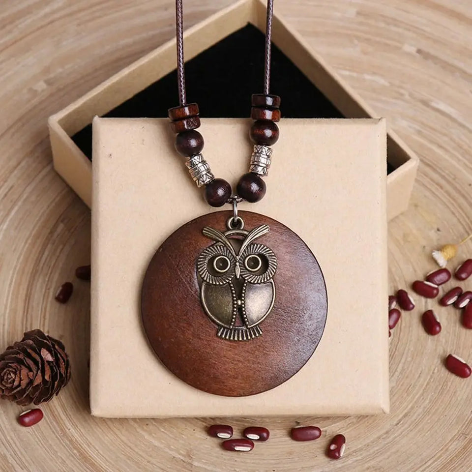 Retro Wooden Leaf Owl Necklace - Women's Long Chain with Clock Pendant Jewelry